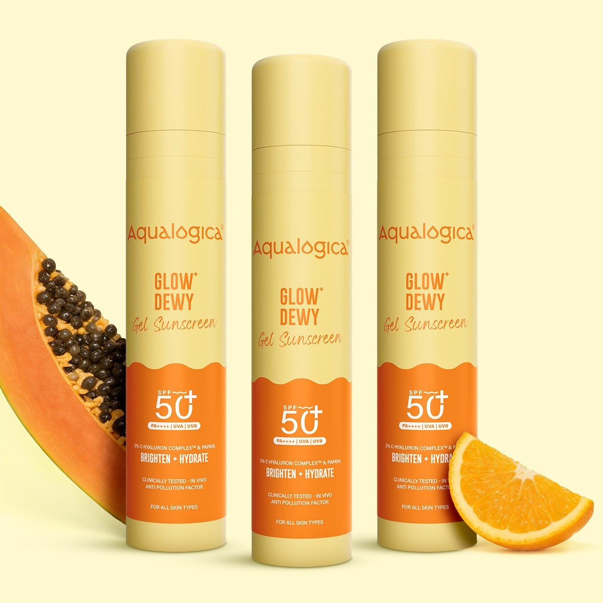 Glow+ Dewy Gel Sunscreen In-Vivo Tested SPF 50+ PA++++ with Papaya & Vitamin C - 50g (Pack of 3)
