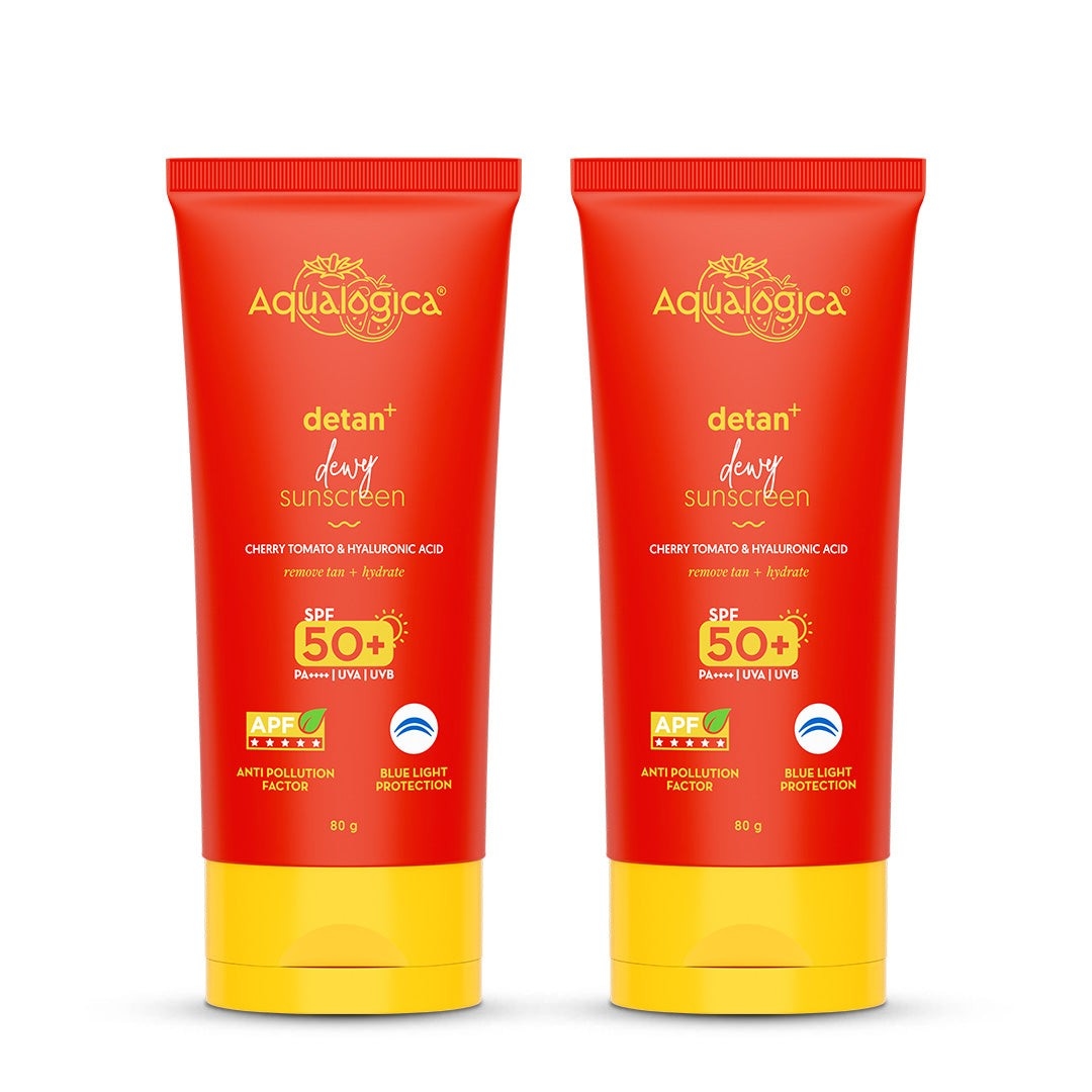 Detan+ Dewy Sunscreen In-Vivo Tested SPF 50+ PA++++ with Cherry Tomato & HA - 80 g (Pack of 2)