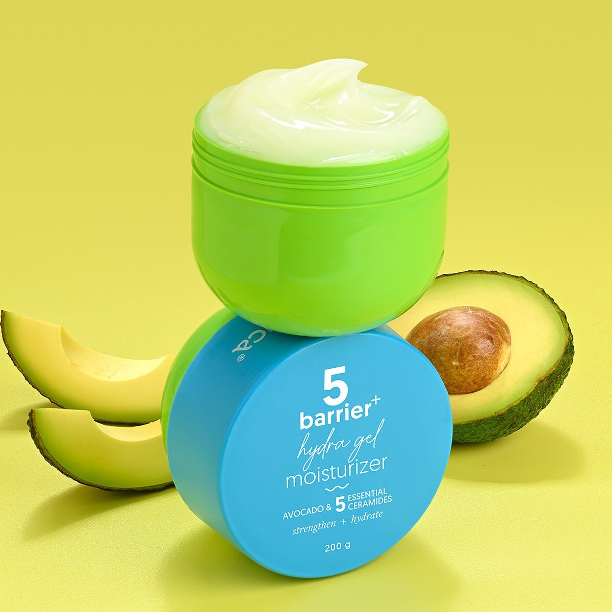Aqualogica Barrier+ Hydra Gel moisturizer jar with avocado