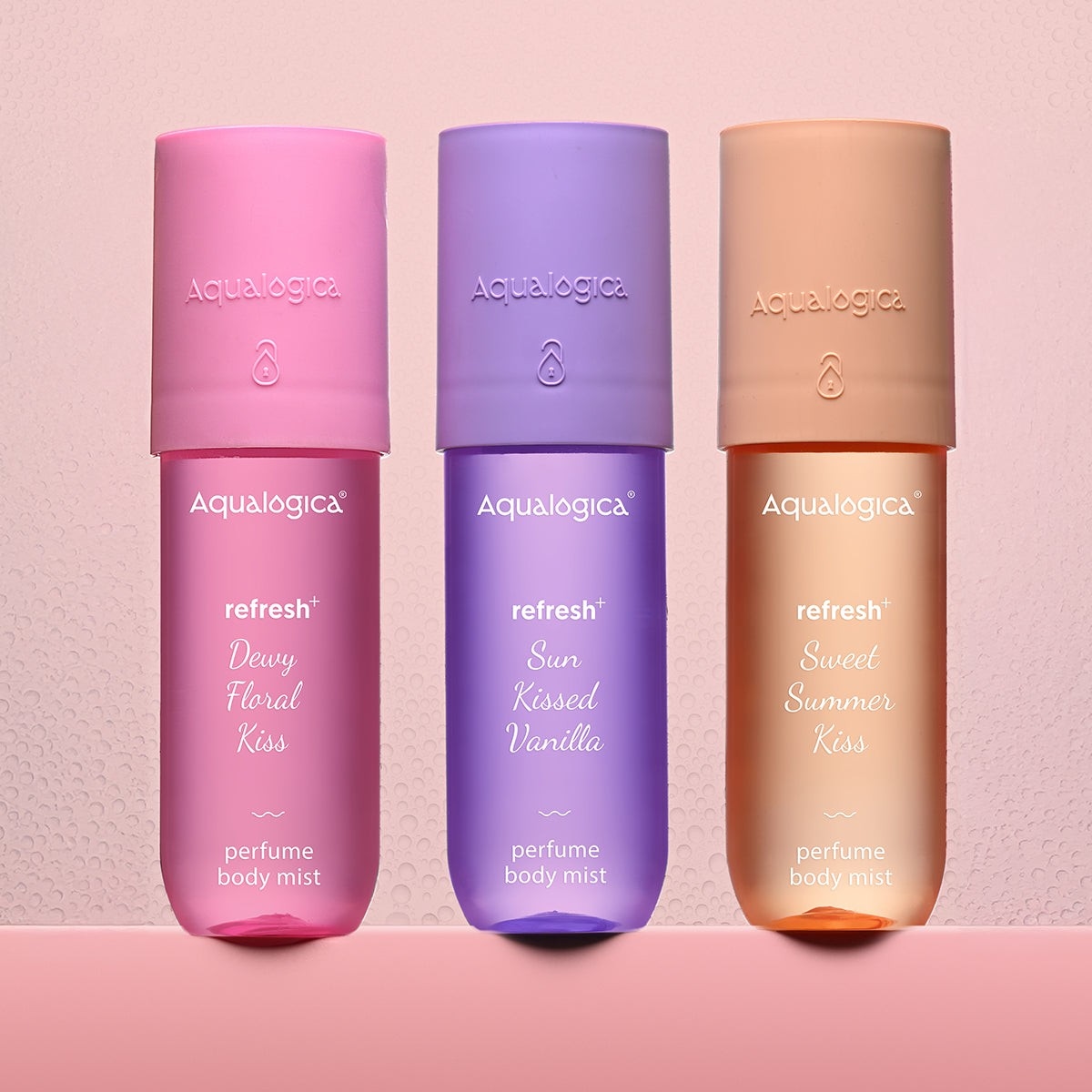 Aqualogica body mist trio with three colorful perfume variants
