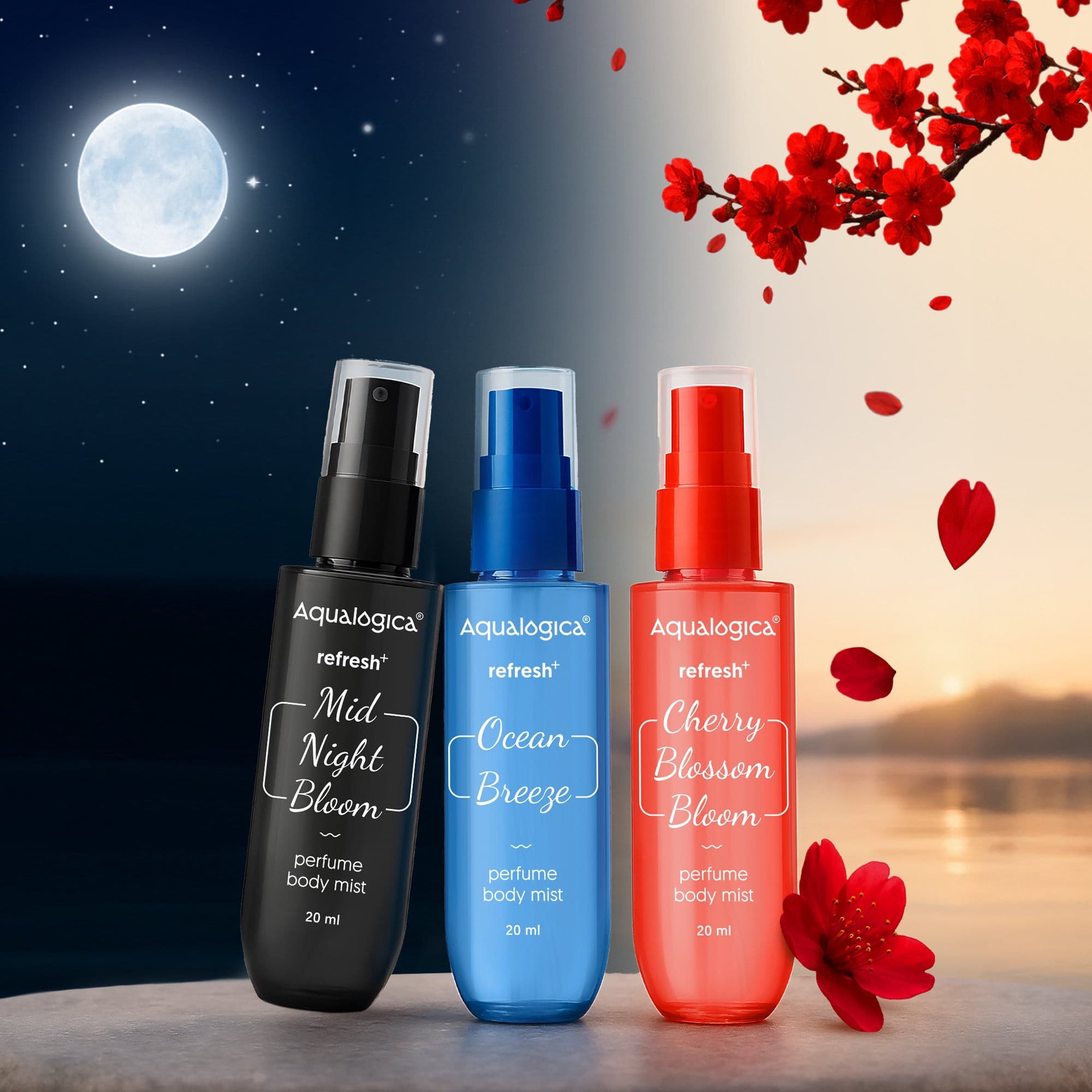 Aqualogica perfume body mist set with three colorful variants 