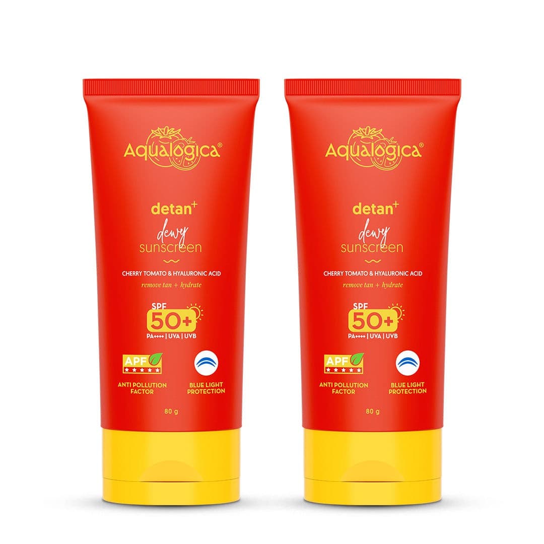 Detan+ Dewy Sunscreen In-Vivo Tested SPF 50+ PA++++ with Cherry Tomato & HA - 80 g (Pack of 2)