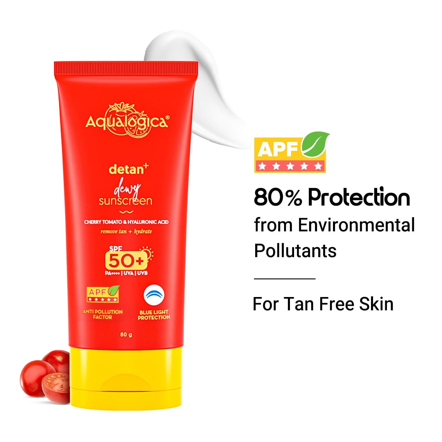 Detan+ Dewy Sunscreen In-Vivo Tested SPF 50+ PA++++ with Cherry Tomato & HA - 80 g (Pack of 2)