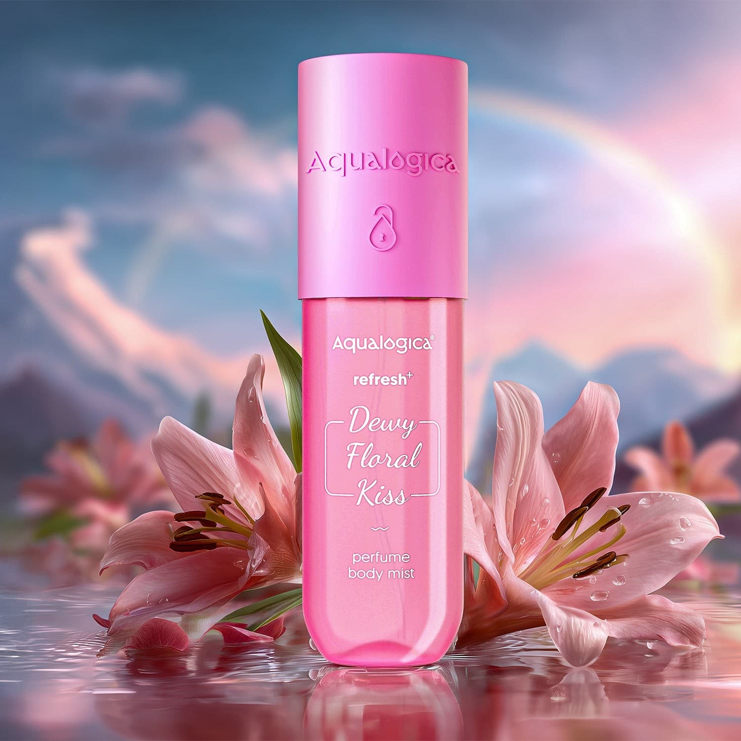 Aqualogica Dewy Floral Kiss perfume body mist with lily petals and dewy glow
