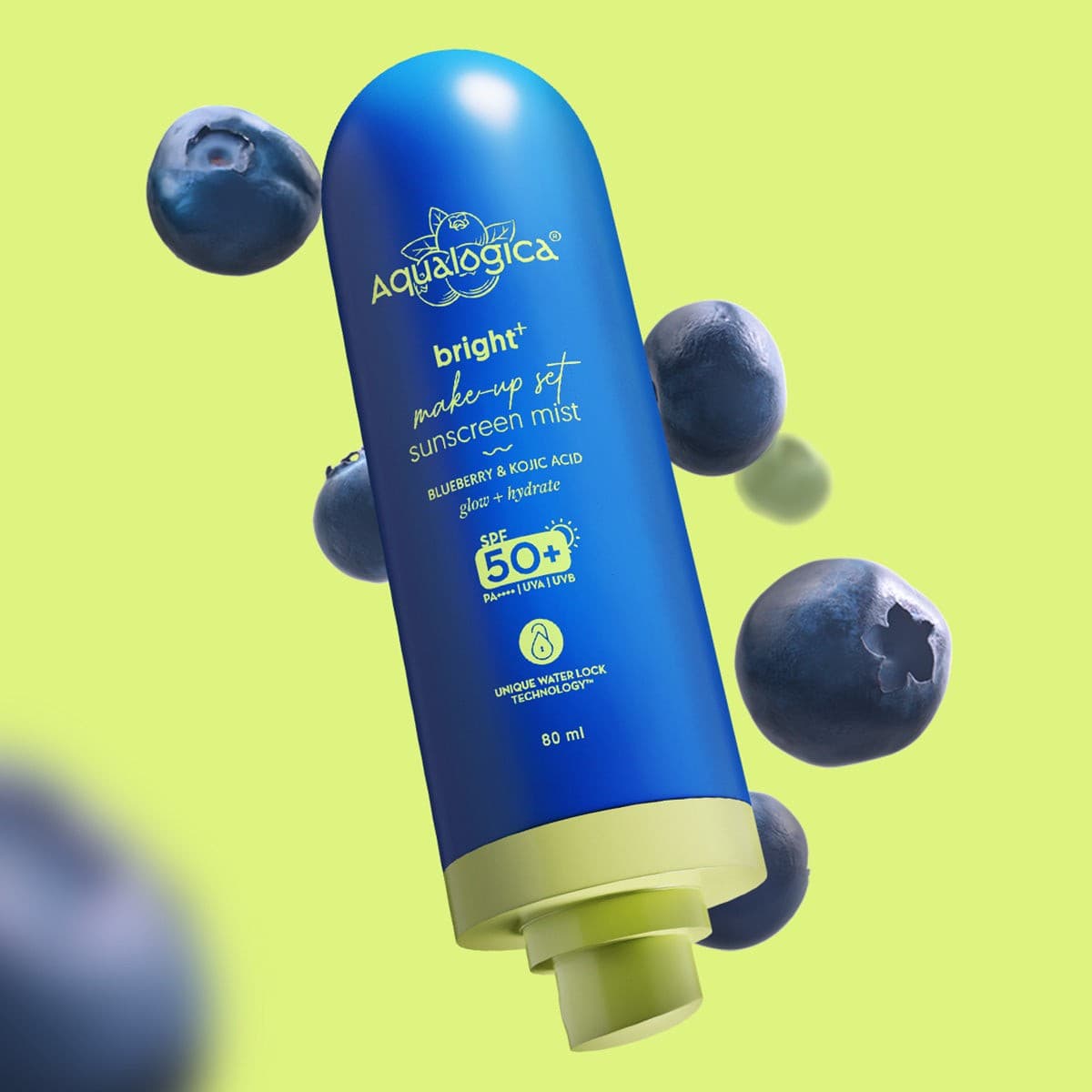 Aqualogica bright sunscreen mist SPF 50 blueberry kojic acid
