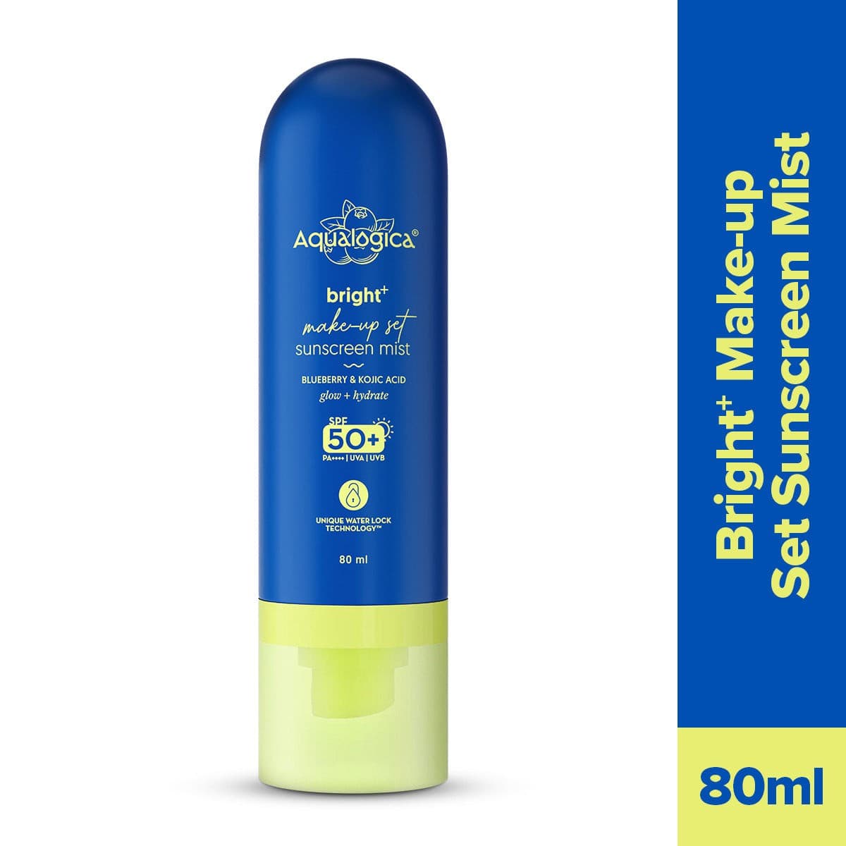 Aqualogica bright sunscreen mist SPF 50 blueberry kojic acid
