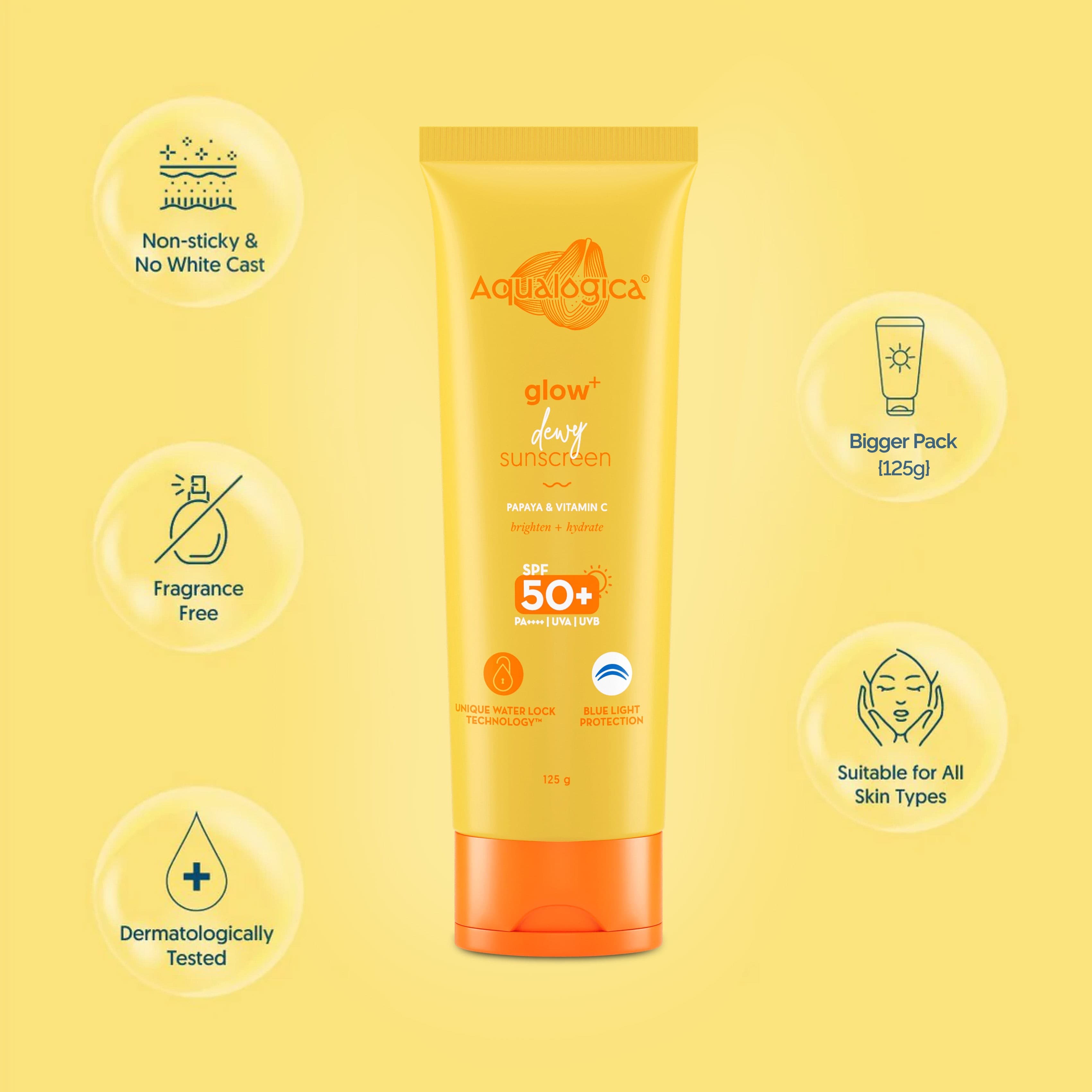 Aqualogica glow dewy sunscreen 125g papaya vitamin C