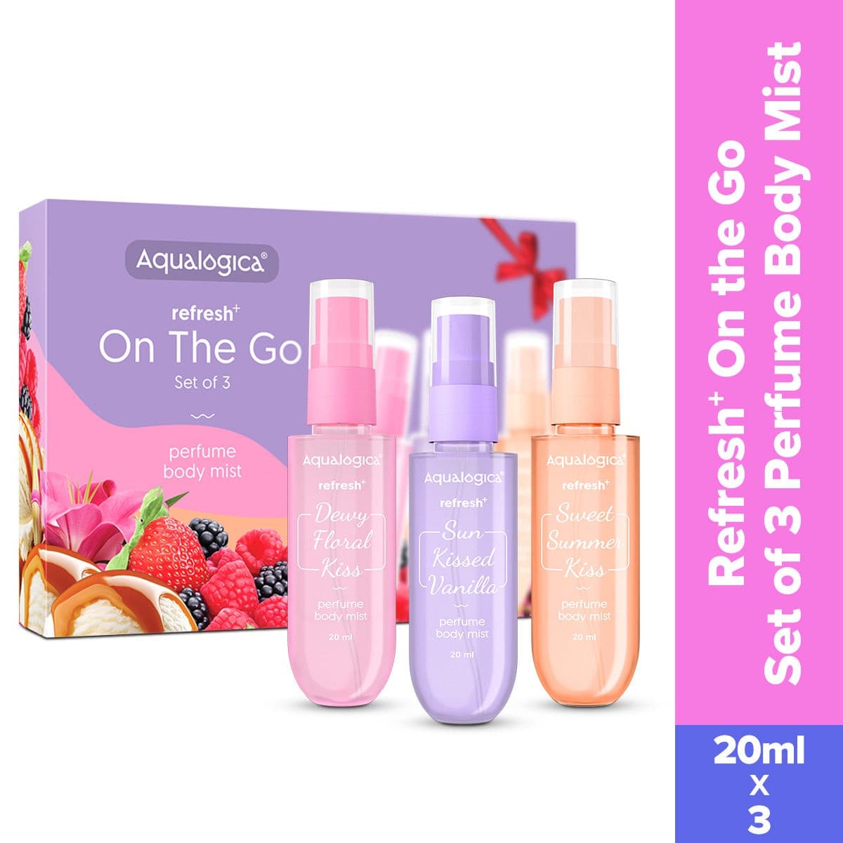 Aqualogica mini body mist set with three fragrance variants
