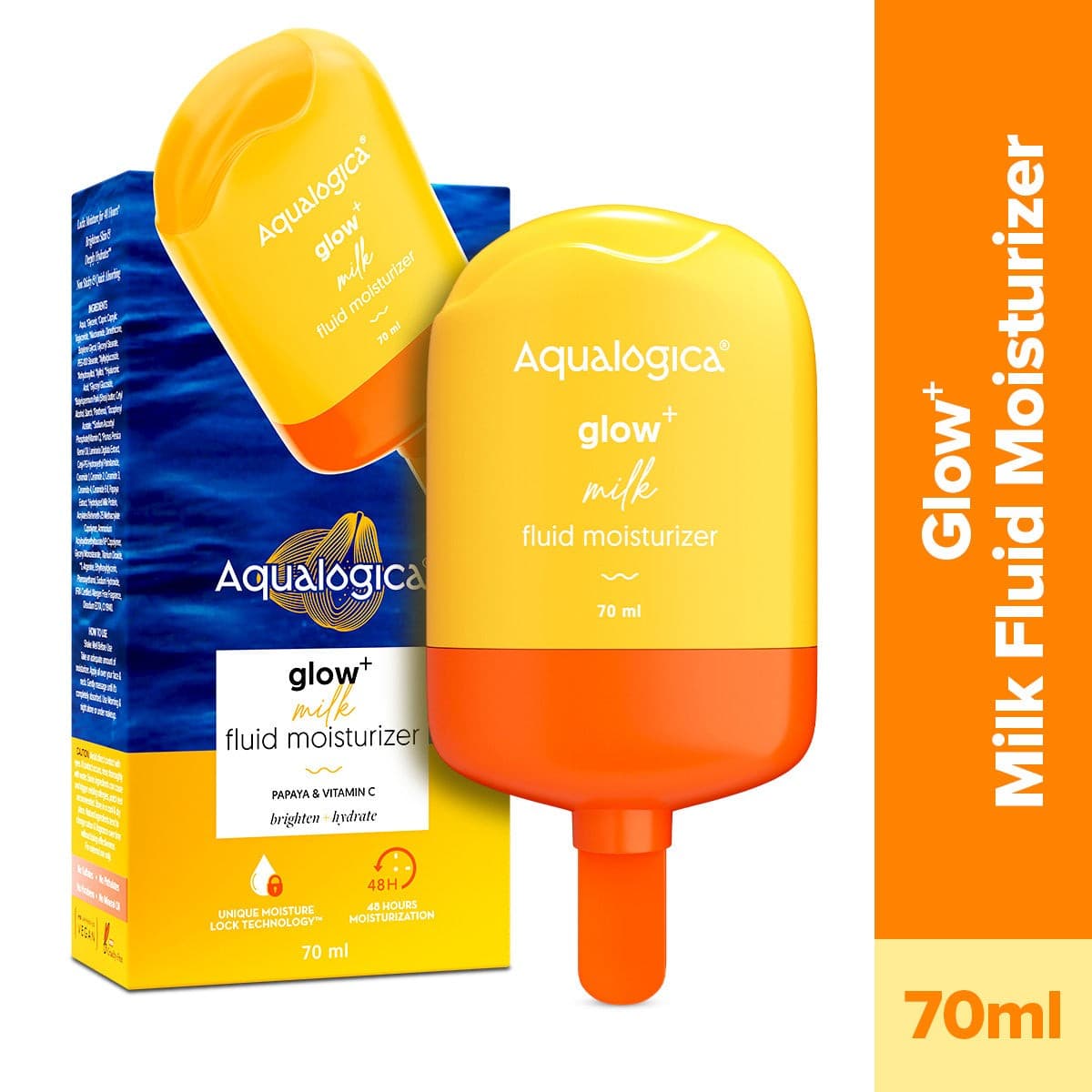 Aqualogica Glow+ Milk Fluid Moisturizer with creamy orange texture
