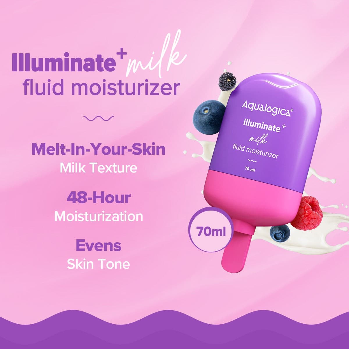 Illuminate+ Milk Fluid Moisturizer bottles with blueberries and milk 