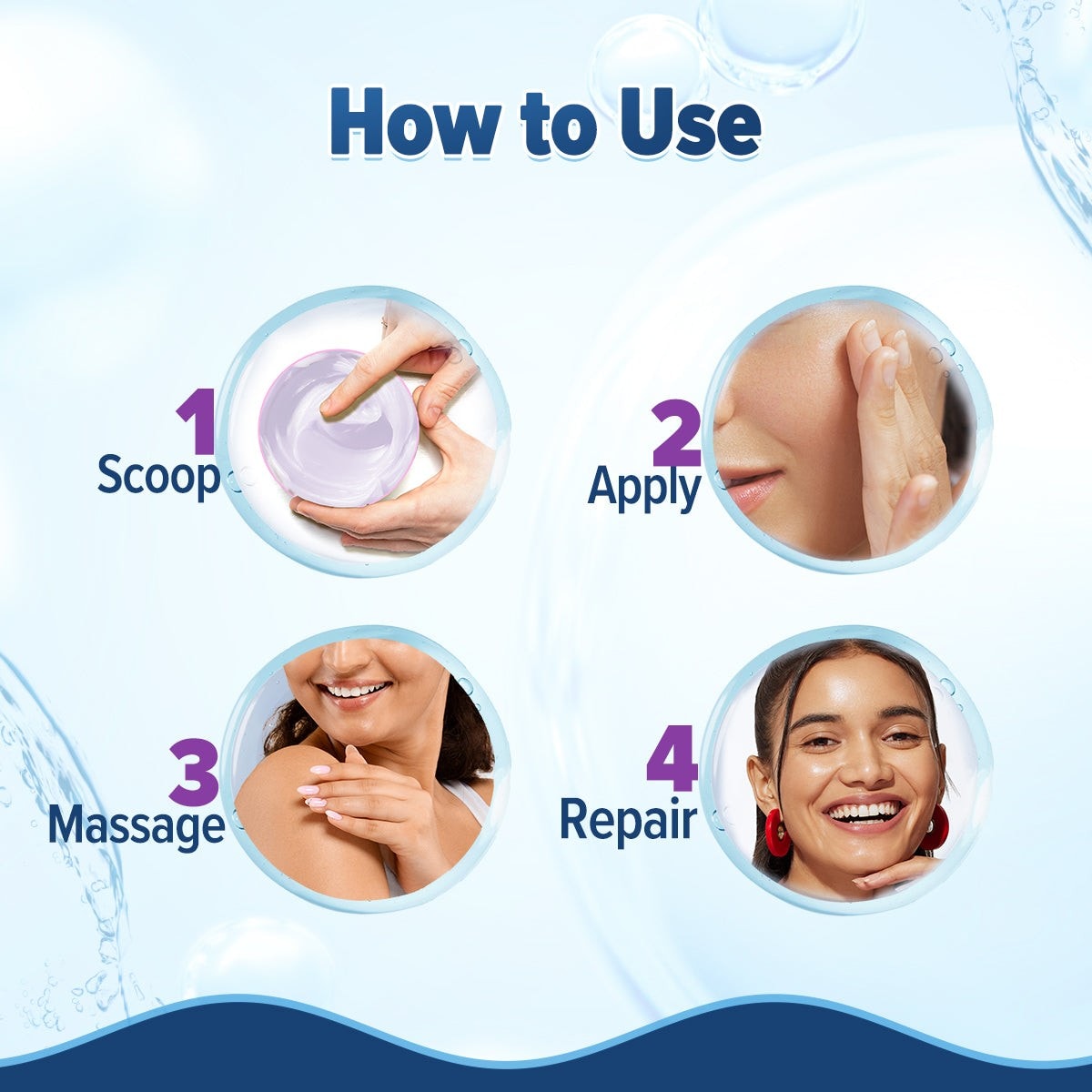 Four-step guide to apply gel moisturizer on clean skin