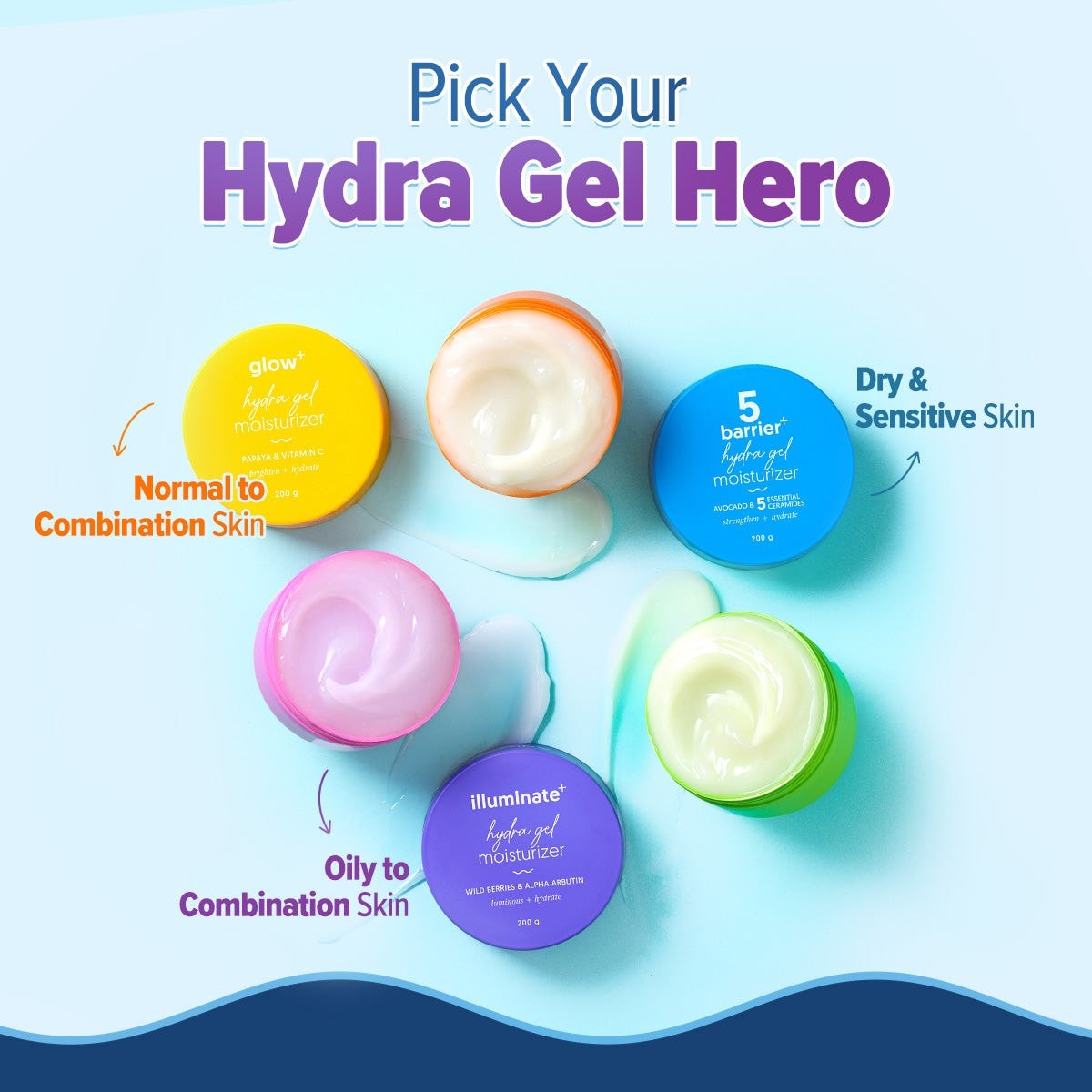Aqualogica Hydra Gel moisturizer range in colorful jars