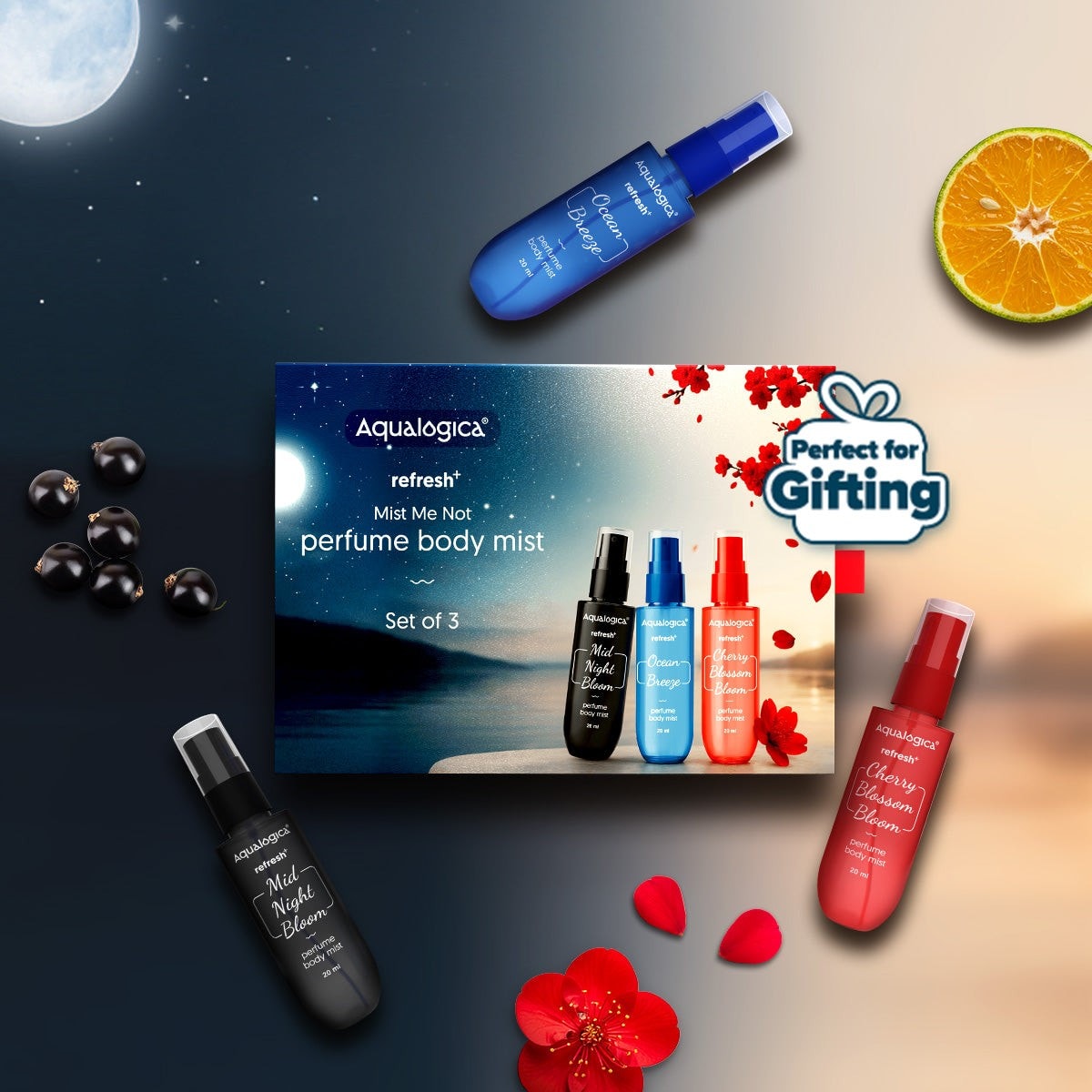 Aqualogica mini body mist trio in travel-friendly bottles