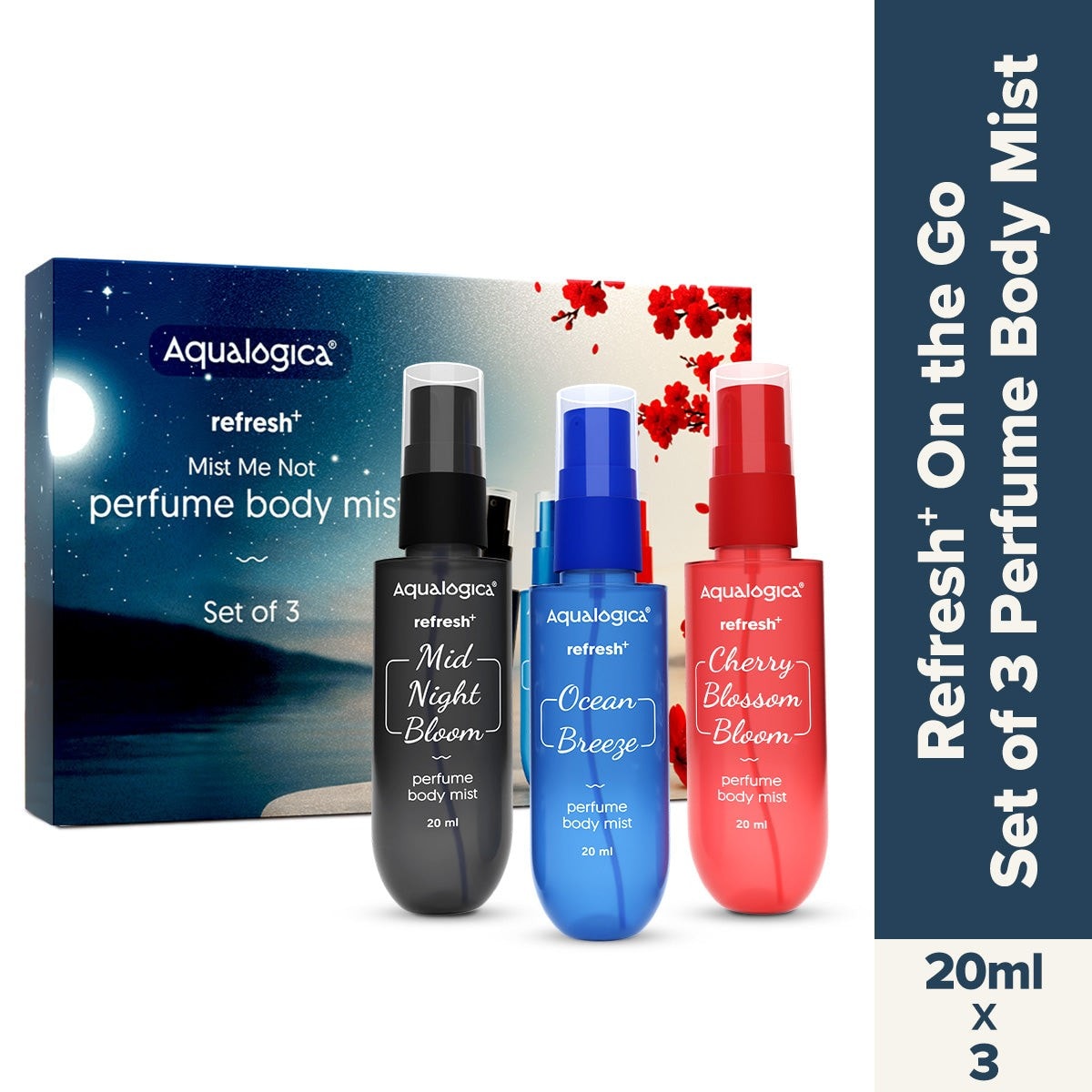 Aqualogica mist set of 3 with Midnight Bloom, Ocean Breeze and Cherry Blossom