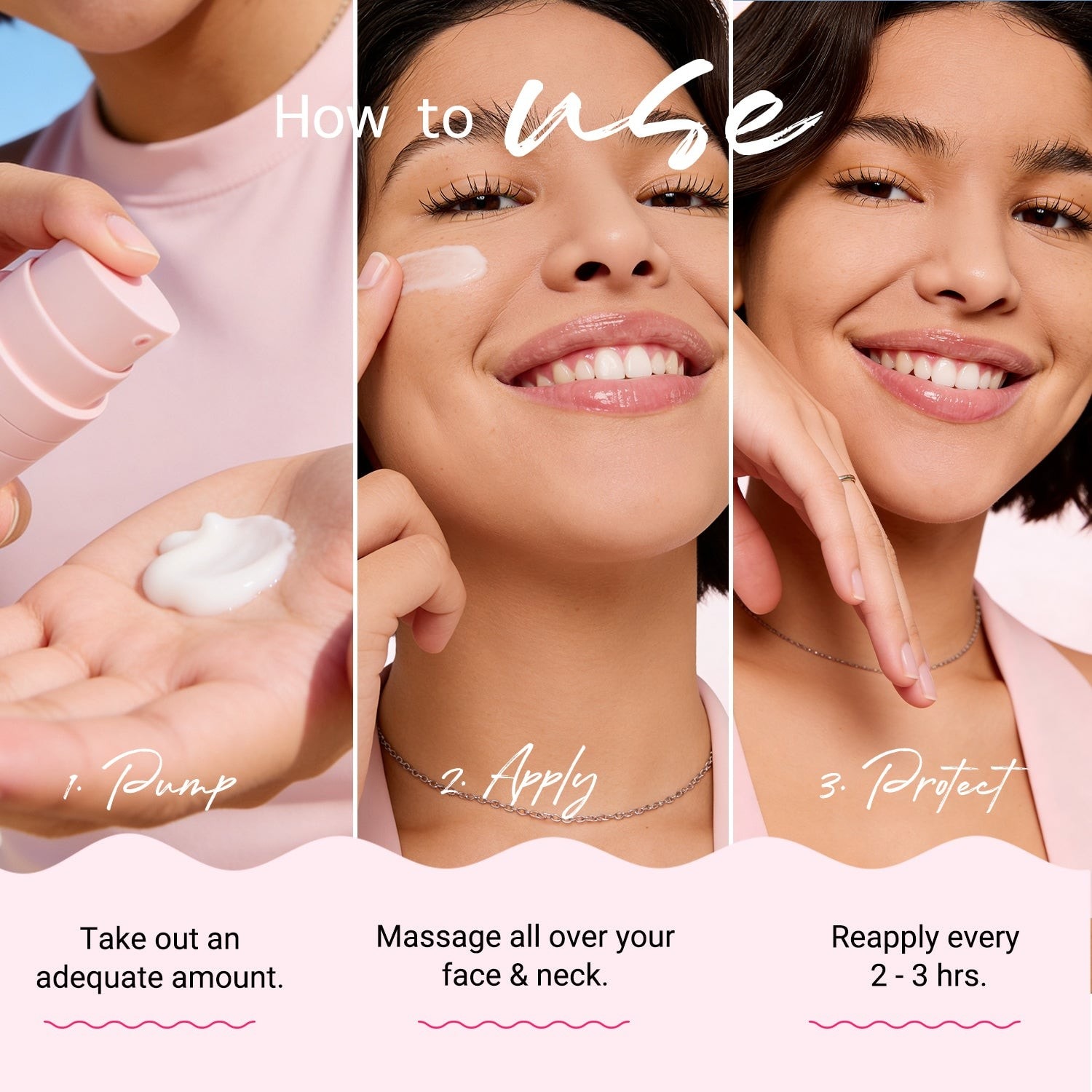 Step-by-step guide on how to use a skincare product with close-up shots and text instructions.
