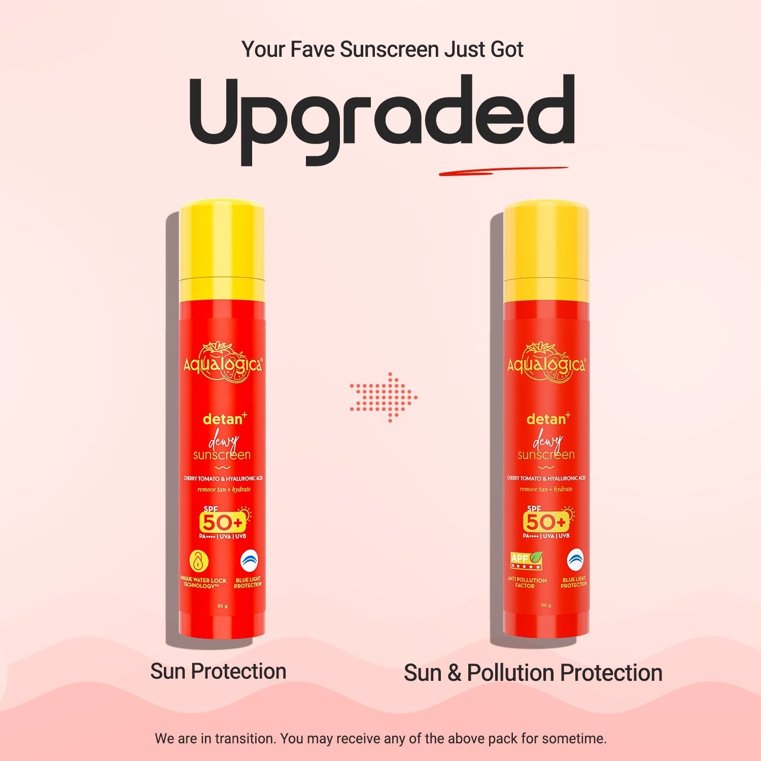 Two bottles of detan sunscreen with text about an upgrade on a pink background