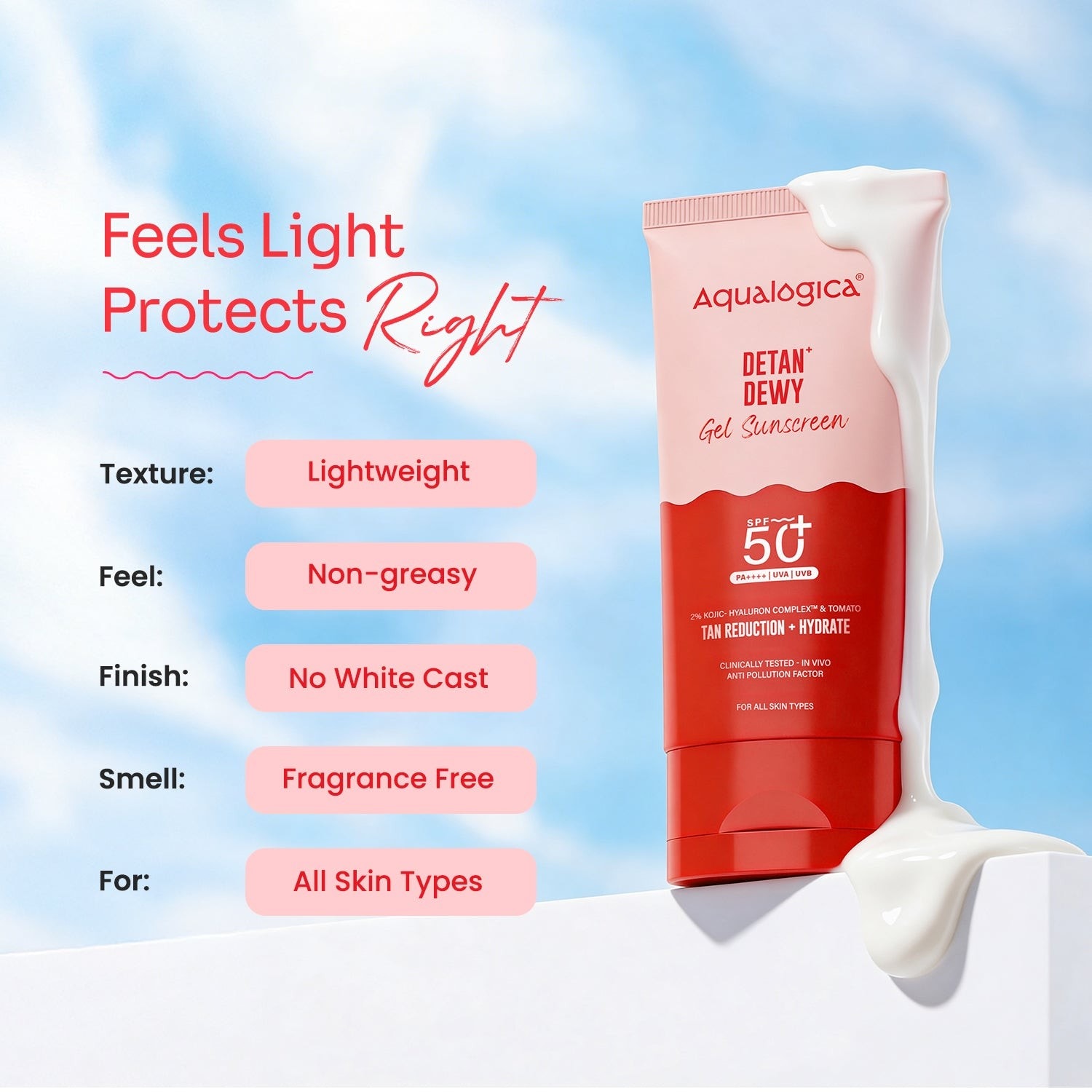 Detan+ Dewy Gel Sunscreen SPF 50+ PA++++ with 2% Kojic-Hyaluron Complex™ & Wild Berries - 80g