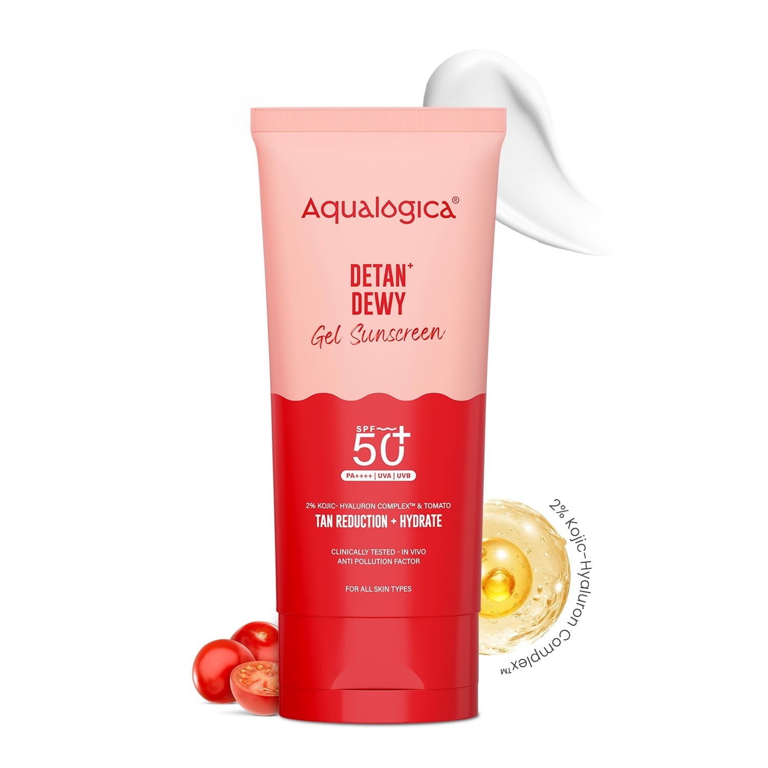 Detan+ Dewy Gel Sunscreen SPF 50+ PA++++ with 2% Kojic-Hyaluron Complex™ & Wild Berries - 80g