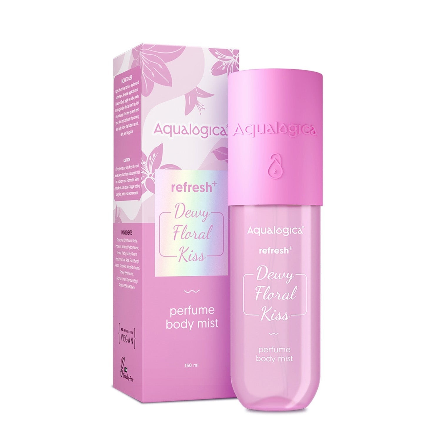 
Aqualogica Refresh+ Dewy Floral Kiss perfume body mist packaging and bottle 
