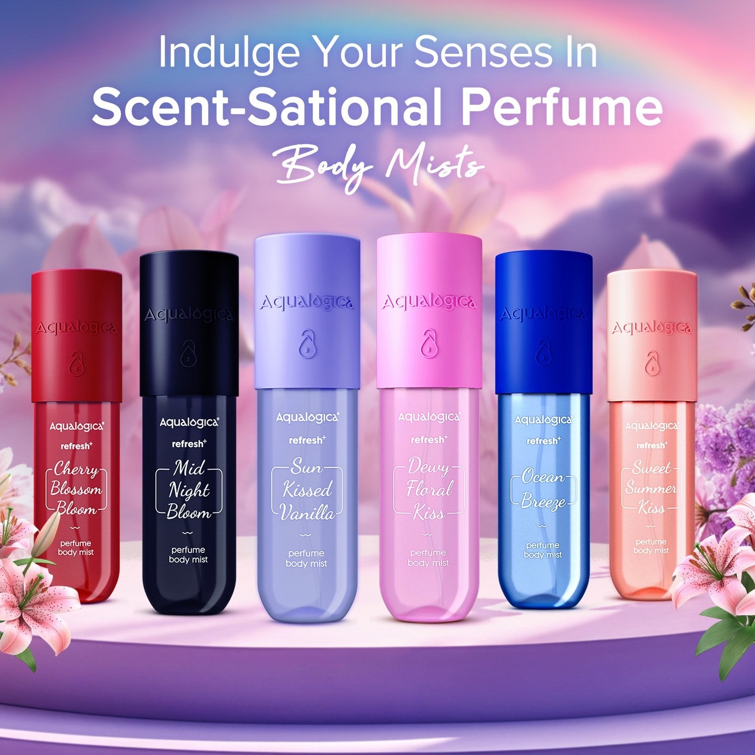 
Full range of Aqualogica Refresh+ perfume body mists in colorful variants
