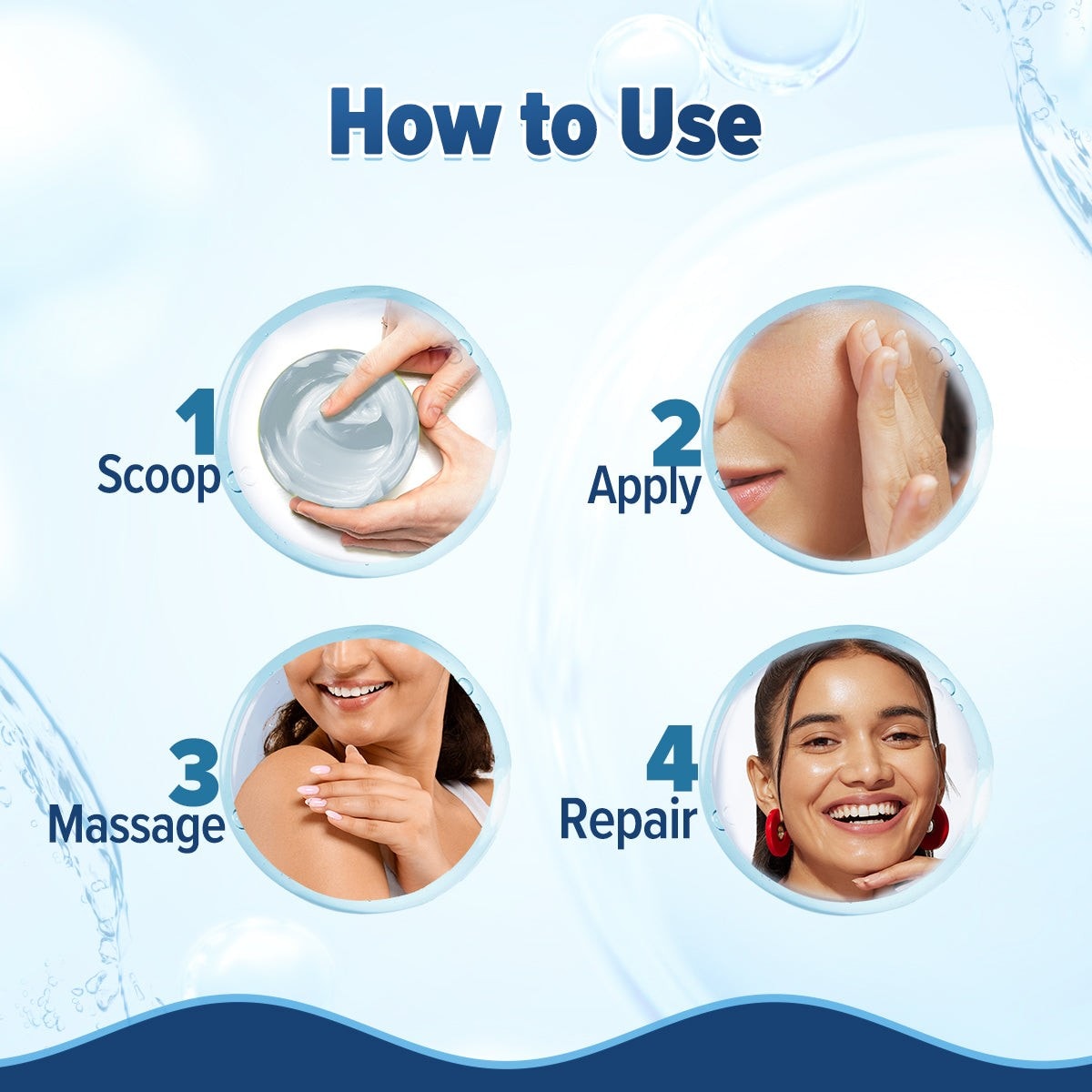 Application steps for scooping and massaging hydra gel cream