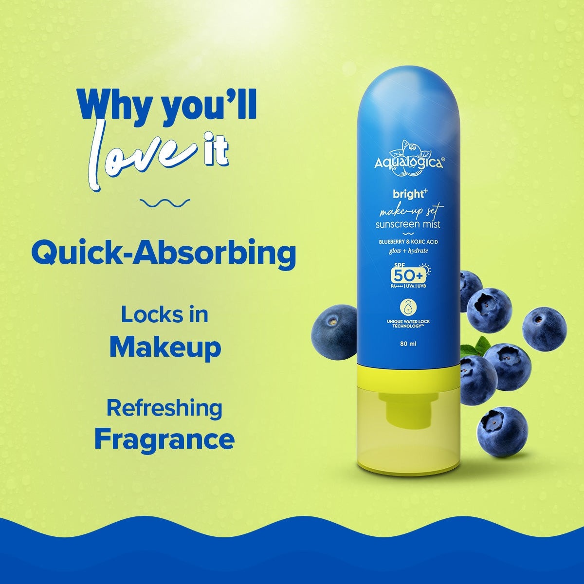 Blue sunscreen mist bottle with blueberries on a green background.