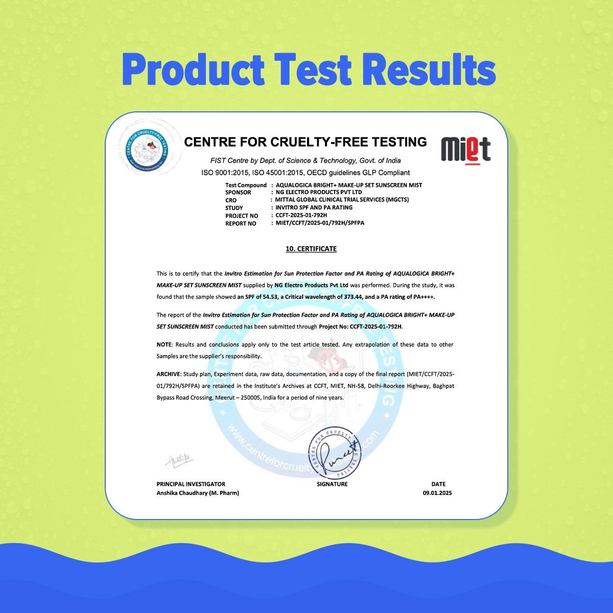 Sunscreen mist product test results certified report
