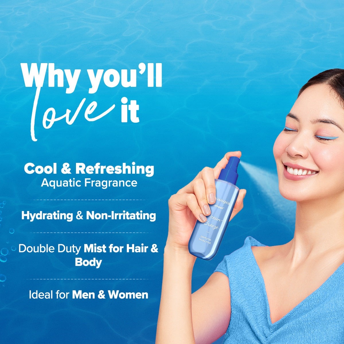 
Applying Ocean Breeze body mist with refreshing feel
