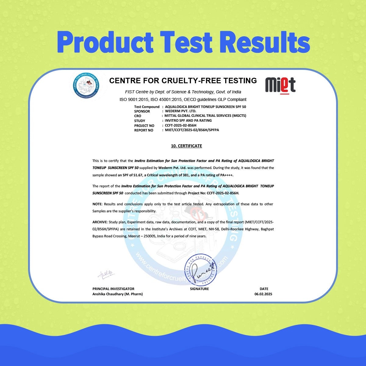 Tone up sunscreen product test results certified