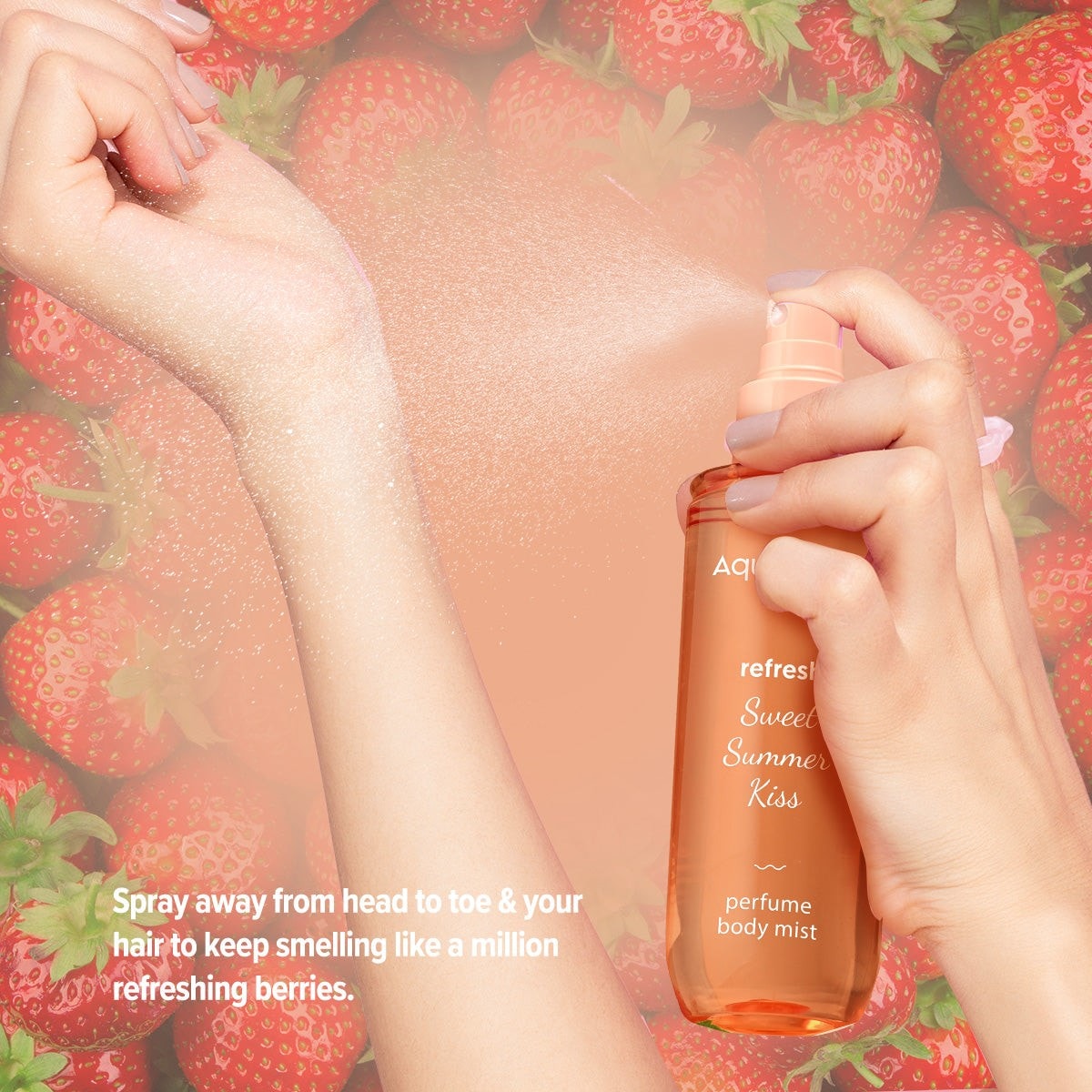 Aqualogica Refresh+ Sweet Summer Kiss Perfume Body Mist settling on skin for soft scent layering